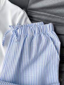 SHEIN 2件套少女休闲圆领上衣和条纹裤套装 - 藍色 - 查看 3