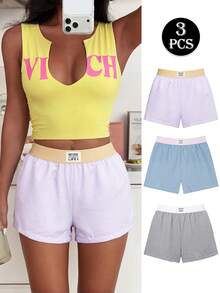 ZzzCrew 3pcs Set Women Home Wear Bottoms, Colorblock Style Sleep Shorts - Multicolor - View 1