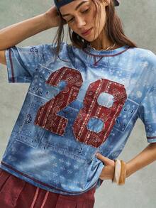 Bohemela 波西米亚风音乐节佩斯利印花休闲针织刺绣数字图案圆领短袖T恤（女款） - 藍色 - 查看 5