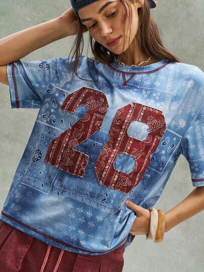 Bohemela Maglietta casual a maniche corte da donna con stampa paisley, ricamo e motivo numerico, stile boho per festival musicali