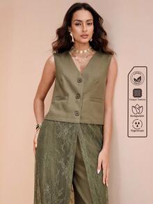 SHEIN Zanirela Women's Lace Patchwork Slim Fit Vest And High Waist Wide Leg Pants Set, Deep V-Neck Single Breasted Long Lace Hem, Elegant Summer Olive Green Brunch - Army Green - View 3