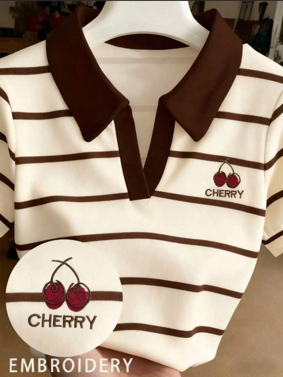 Resyla Plus Size Cherry Print Striped Short Sleeve Casual Shirt, Summer - Multicolor - View 1