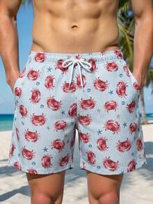 Manfinity Swimmode Pantalones cortos de playa con estampado de cangrejo a rayas de moda para hombres - Negro - Ver 3