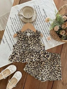 SHEIN LMoss Kids 女婴可爱夏季粉白条纹蝴蝶结无袖上衣和松紧腰短裤套装 - 彩色 - 查看 1