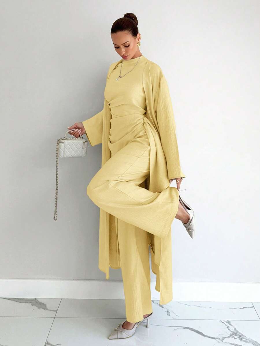 3件套女士纯色长袖衬衫、褶皱上衣和阔腿裤套装 - 黃色 - 查看 1
