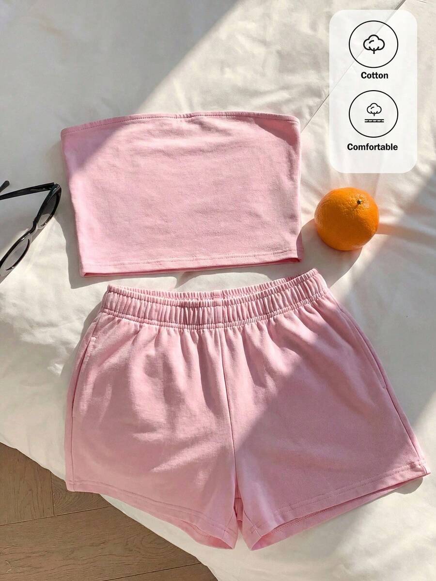 Comfortcana 2件套女士休闲纯色粉色上衣/背心和短裤套装，春夏款 - 粉色 - 查看 1