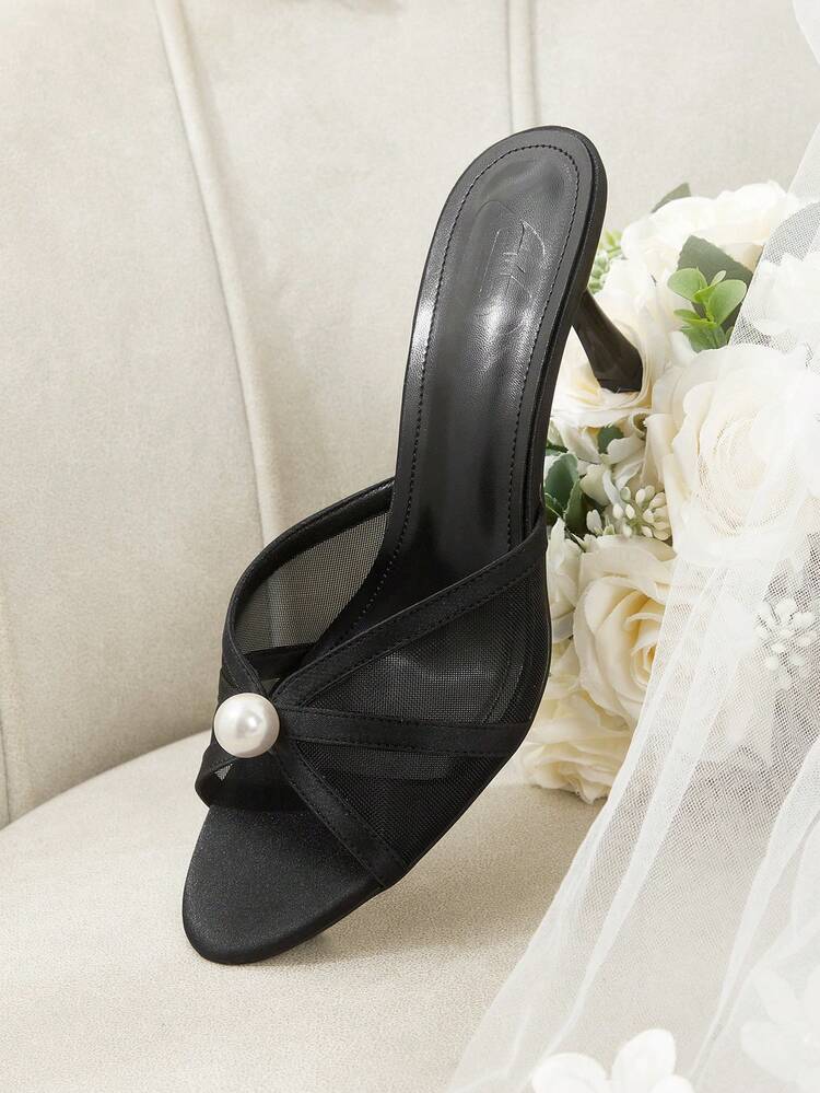 CUCCOO HITCHD Women's Spring And Summer New Round Toe Stiletto Black Mesh Pearl High Heel Sandals Slippers Fashionable And Comfortable Versatile Sexy Party Banquet Women's Sandals Wedding Shoes Women's Shoes
