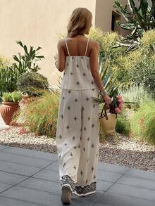 Breezaya Ensemble décontracté et élégant de 2 pièces à imprimé floral bohème pour femmes, débardeur à bretelles fines et pantalon large en mélange de lin pour les vacances, débardeur à bretelles fines et pantalon large 2 pièces pour la maison et les loisirs, ensemble Top débardeur à imprimé floral et pantalon large en mélange de lin pour le quotidien et le brunch, ensemble bohème Y2K de 2 pièces à imprimé floral, tenue d'été blanche pour les vacances - Nude - Voir 3