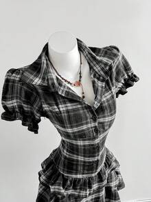 Elamini Đầm ngắn tay nhiều lớp in họa tiết kẻ caro phong cách thường ngày dành cho nữ. - màu đen - Xem 6