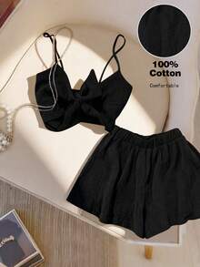 Lyxana Women's Textured Tie-Front Top And Loose Shorts Set - Black - View 3