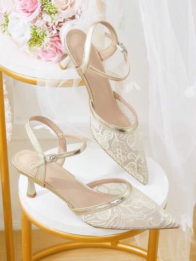 CUCCOO HITCHD Giày cao gót nữ, giày độc quyền cho cô dâu trong đám cưới, gót nhọn mảnh, phối ren thêu màu vàng bóng, chất liệu lưới thoáng khí, khóa điều chỉnh phía sau, giày kiểu cổ tích thanh lịch, giày cưới/giày dự tiệc cho nữ.