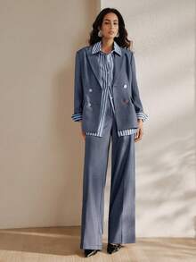 Anewsta Bộ vest nữ thời trang thành thị hiện đại, màu trơn, công sở, đa năng, cổ ve lật, tay dài + quần ống đứng cạp cao, quần dài nữ, bộ vest nữ. - Màu xanh lam - Xem 6