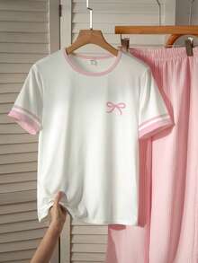 2-Piece Girls Kids Homewear Set Round Neck Short Sleeve Long Pants For Spring Autumn White Pink Contrast Striped Bow Print Pajamas Sleepwear Loungewear Set Soft Woven Bubble Crepe Fabric Comfortable Stylish Simple Minimalist Cozy Matching Set Casual Girls Kids Daily Wear Breathable Lightweight Skin-Friendly - White - View 5