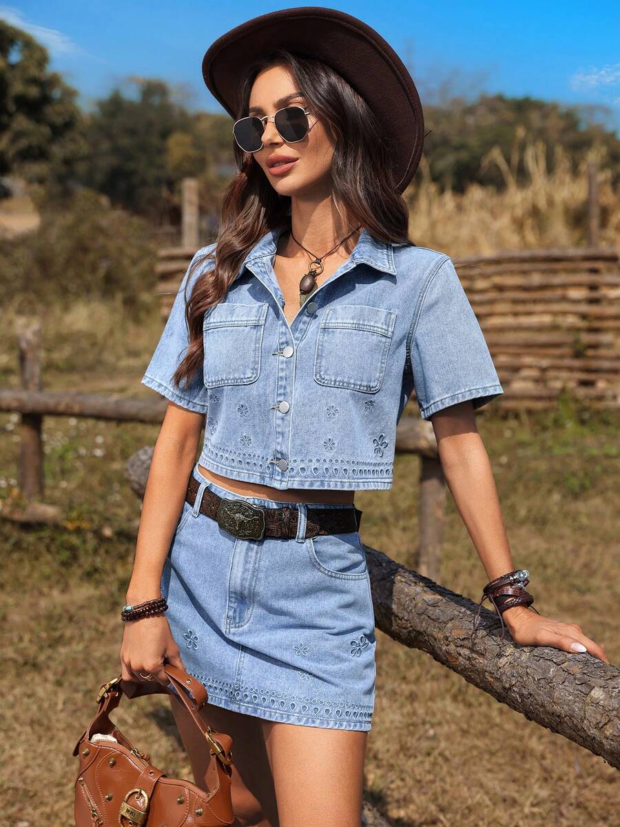 SHEIN Holidaya Women's Casual Versatile Date/Travel Denim Mini Skirt With Floral Embroidery And Pockets Summer - Blue - View 1
