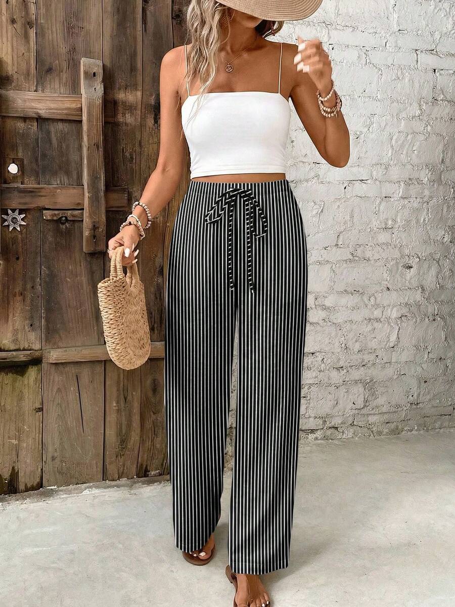 SHEIN Frenchy Casual Minimalist Vacation Bohemian Elegant Retro Black And White Striped, Music Festival, Beach Outfit, Vacation Outfit, Women's Summer Outfit, Women's Elastic Waist Casual Pants - Multicolor - View 1