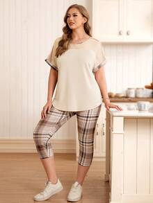EMERY ROSE Beige Plus Size Women's 2pcs Set,Summer Smart Casual Round Neck Mesh Patchwork T-Shirt & Plaid Capri Leggings,Everyday Vacation Holiday Outfits - White - View 1