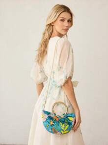 MOTF PREMIUM WOMEN'S HANDBAG, EXQUISITE EMBROIDERED BEADED SEMI-ROUND TOTE BAG - Cadet Blue - View 9