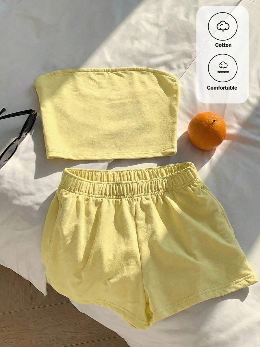 Comfortcana Bộ đồ nữ màu vàng mù tạt trơn, gồm áo và quần short, thích hợp cho mùa xuân/hè. - Màu vàng ngỗng - Xem 1