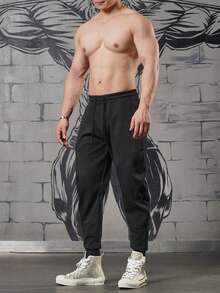 Manfinity Homme Plus Size Men's Black Summer Casual Workout Sweatpants,Drawstring Elastic Waist Loose Pants For Vacation,Hangout,Party,Office,Business,Spring Summer - Black - View 4