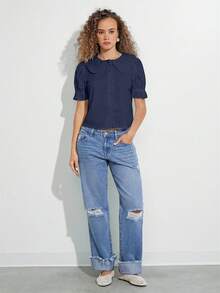 WESTFADE Chemise boutonnée à manches courtes bouffantes avec col à volants en 100% coton. Top décontracté et mignon pour l'automne. Vêtements bohèmes, tenue de rentrée scolaire, pour l'automne, l'hiver, le style western pour femmes - Bleu marine - Voir 3
