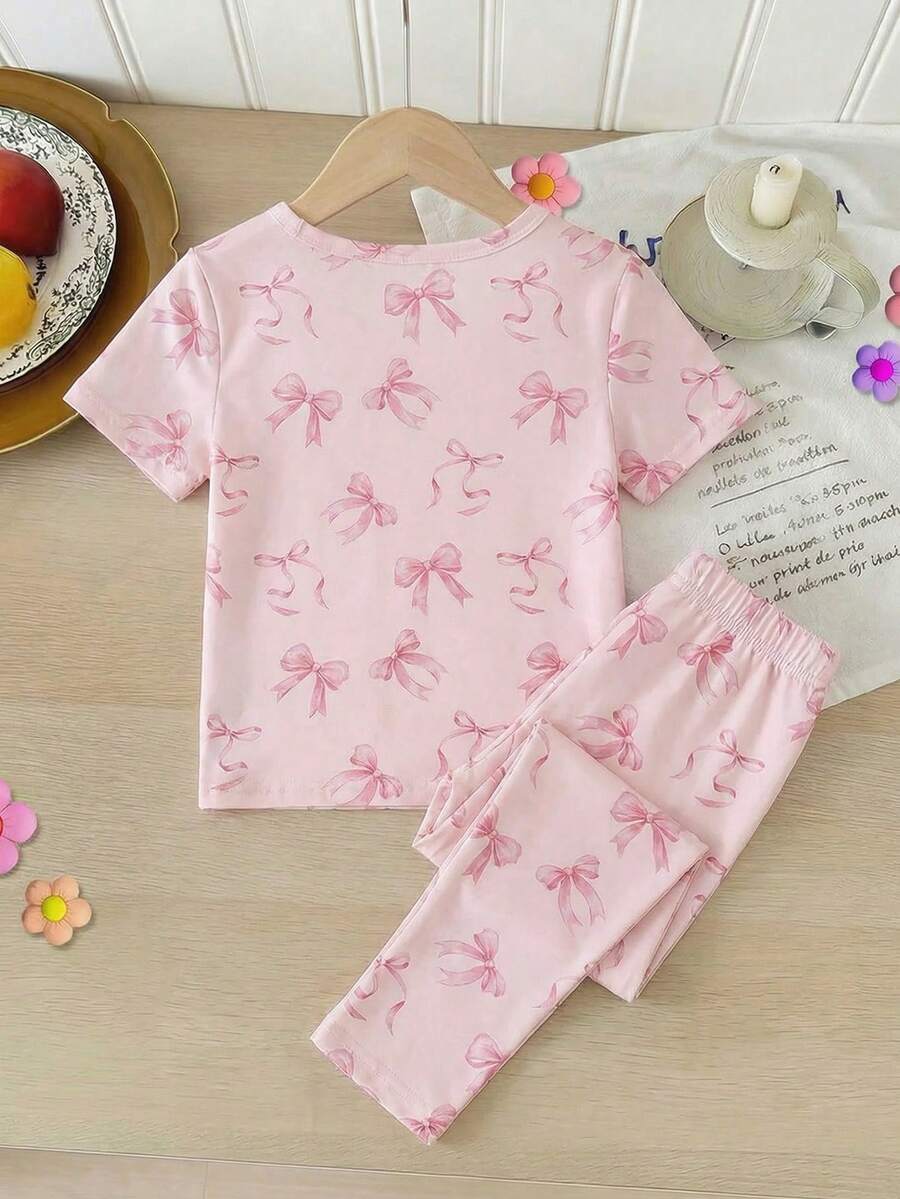 SHEIN 2件套少女时尚简约粉色蝴蝶结印花圆领针织短袖上衣和宽松舒适长裤休闲家居服套装 - 粉色 - 查看 1