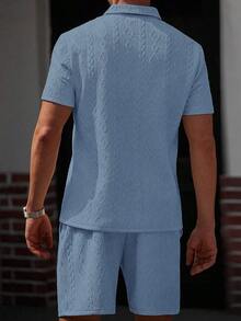 Manfinity Homme 男士夏季休闲纯色纹理 Polo 衫和短裤套装男两件套夏季男士两件套服装蓝色男士淡蓝色短裤套装男士两件套休闲短裤套装两件套男士套装蓝色，老钱风格 - 藍色 - 查看 2