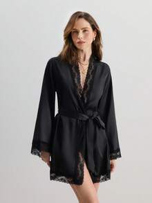 Áo choàng satin thắt lưng viền ren Luxeloungewear, Thu, Đông - màu đen - Xem 6