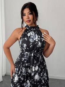Elenzga Plus Size Women's Elegant Romantic Floral Print Halter Neck Pleated Flowy Waist Maxi Dress - Black - View 4
