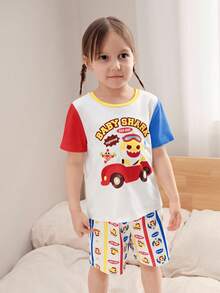 BABY SHARK X SHEIN 2pcs/Set Cute & Casual Young Girls Homewear, Round Neck Short Sleeve Shorts, Comfortable Loungewear - Multicolor - View 5