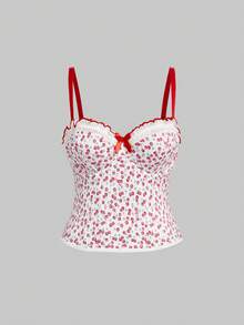 Sweetness Áo hai dây cỡ lớn gợi cảm in hình quả anh đào kiểu retro cho kỳ nghỉ hè. - Đỏ và trắng - Xem 6