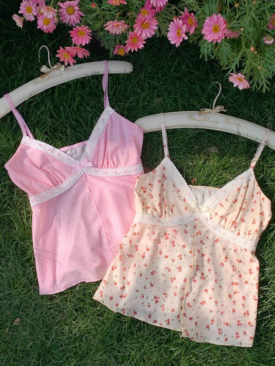 Comfortcana 女士蕾丝边蝴蝶结装饰休闲百搭日常穿搭吊带背心 - 彩色 - 查看 1