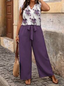 SHEIN VCAY Plus Size Dark Purple Solid V-Neck Shirt & Printed Pants 2-Piece Set,Summer Boho Vacation Holiday Beach Wear,Music Festival Rave Party Outfits - Purple - View 1