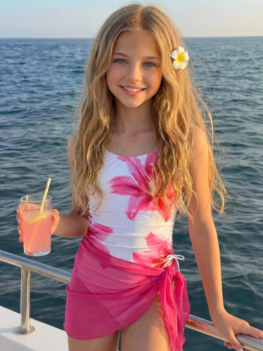 SHEIN 少女碎花印花吊带泳衣和迷你裙套装，适合海滩度假、泳池派对、沙滩派对 - 紅白色 - 查看 1