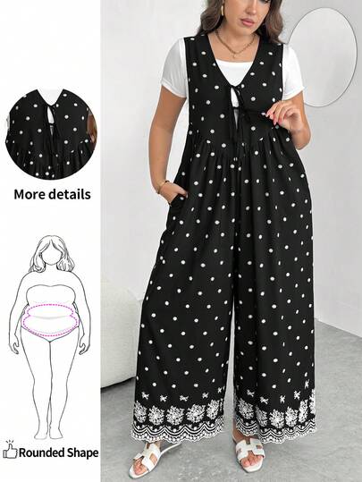Enliva Mono de pierna ancha para mujer talla grande, con cordón delantero y bolsillos, corte holgado, detalles bordados, adecuado y compatible con figuras con forma de manzana y caderas redondeadas. /2026/Año Nuevo