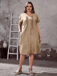 EMERY One Size Solid Color Button Front Casual Summer Dress - Dark Gold - View 3
