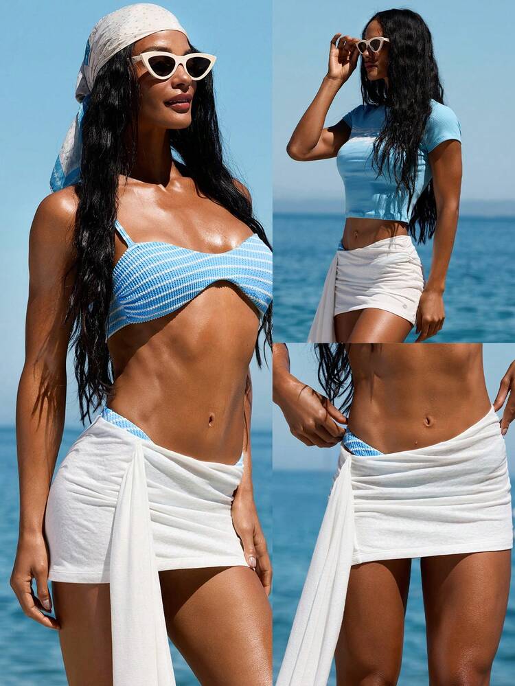 TENCEL™-Linen Seaside Secure Asymmetric Gathered Semi-Sheer Mesh Lining Wrap Skirt With Flowy Sash Vacation Holiday Summer Travel Beach Daily Casual Wear