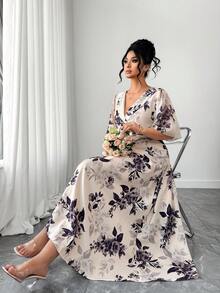 SHEIN Elenzya Đầm thời trang thanh lịch tay bồng in hoa dành cho nữ cỡ lớn - Nhiều màu - Xem 5