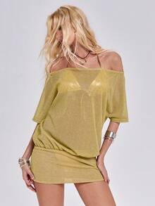 ROMWE Y2K派对音乐节闪亮亮片单肩露背迷你连衣裙 - 金色 - 查看 4