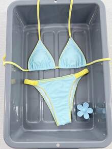 Swim SXY Bộ bikini gợi cảm màu xanh dương trơn, kiểu tam giác, buộc dây phía trước, viền ren tương phản, dành cho nữ. - Nhiều màu - Xem 4