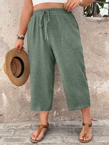 Linhara CURVE Pantalon décontracté pour femmes grandes tailles, pantalon capri texturé confortable, vacances à la campagne printemps/été - Vert olive - Voir 6