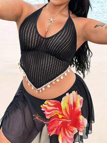 Rustia 仿针织钩编性感细肩带系带贝壳边饰女士吊带背心 - 黑色 - 查看 7