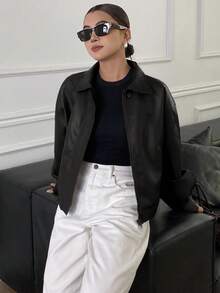 DAZY Autumn/Winter New Loose Casual Thick PU Women Regular Jacket - Black - View 4