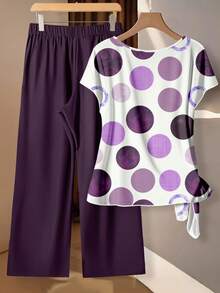 EMERY ROSE Plus Size Women Geometric Print Short Sleeve Shirt And Wide Leg Pants Casual 2 Pieces Set - Multicolor - View 2