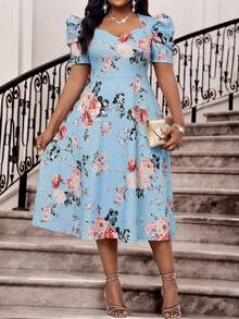 SHEIN Lady Plus Size Floral Print Short Sleeve Dress - Multicolor - View 6