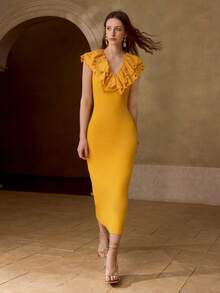 MOTF PREMIUM WOMEN'S EMBROIDERED COLLAR MID-LENGTH KNIT DRESS, SPRING/SUMMER GOLF PASTAL SEXY - Pale Yellow - View 4
