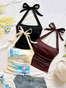 Soleia Áo Camisole dệt kim họa tiết, dây mảnh, buộc dây sau, kiểu dáng thanh lịch, thoải mái, thích hợp cho kỳ nghỉ, hàng mới về. - Nhiều màu - Xem 3