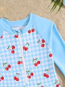 Sparklyn Baby Girls Cute Elastic Pink Contrast Cherry Print Ruffle Trim Long Sleeve - Blue - View 4