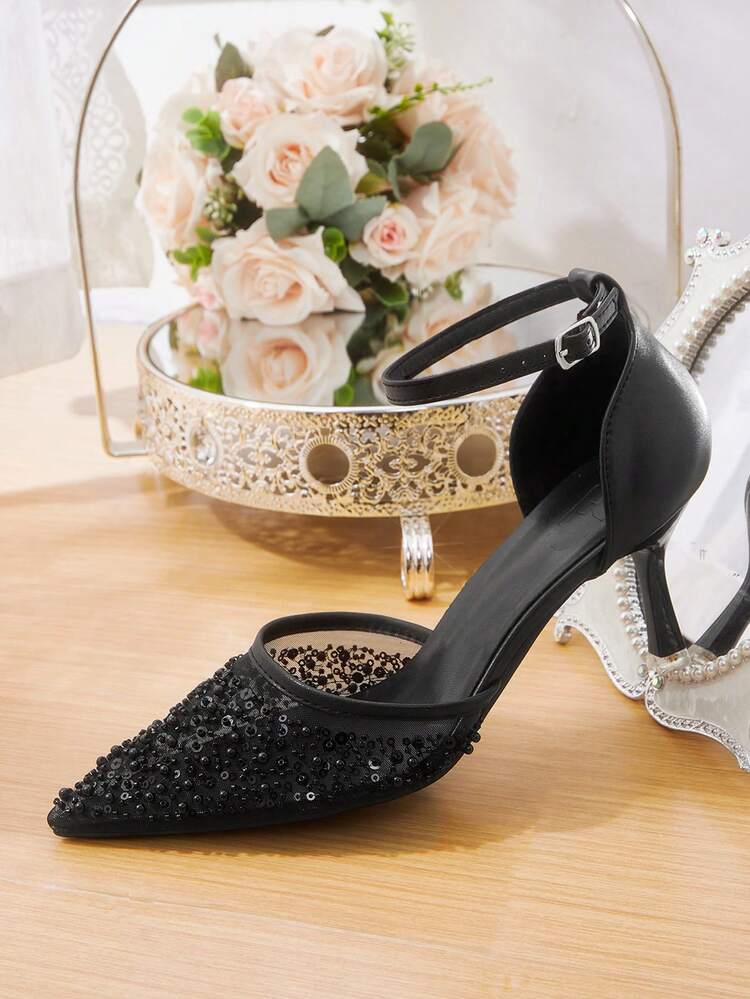 CUCCOO HITCHD Spring And Autumn Black Mesh Embroidered Beads Pointed Toe Thin Heel Sexy Elegant Hollow Women's High Heel Shoes