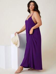 SHEIN BASICS 大码休闲纯色露背吊带连衣裙 - 紫色 - 查看 5