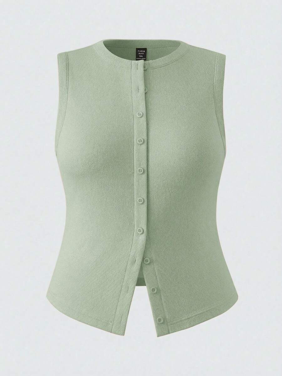 SHEIN BASICS 大码纯色针织修身背心/夏季罗纹马甲 女式背心上衣 修身马甲 女式上衣 马甲